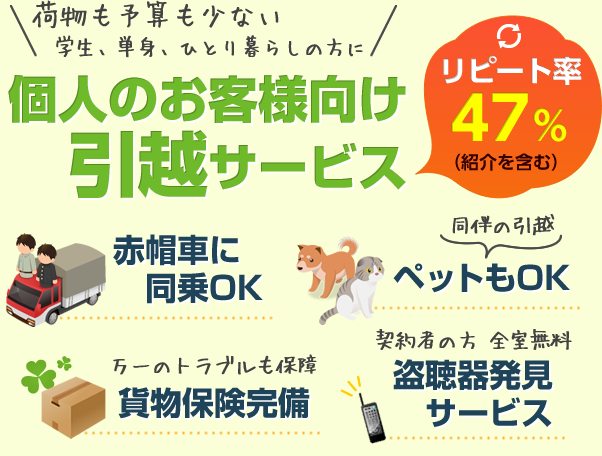 個人のお客様向け引越サービス　リピート率48%　赤帽車に同乗OK　ペットもOK　貨物保険完備　盗聴器発見サービス